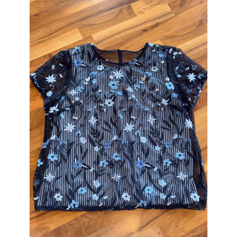 Christopher & Banks Blouse Womens XL Blue Excellent Mesh Floral Striped Layered